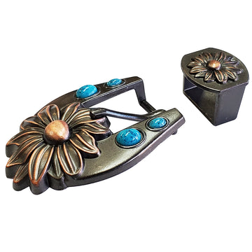 3/4 In Hilason Western Floral Belt Buckle & Keeper Antique Copper Finishing Turquoise Stone Concho Tack Headstall